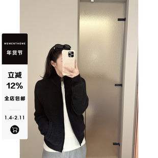MOMENTHOME 极简立领正肩拉链细格羊毛针织密实修身毛针织衫外套