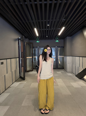 MOMENTHOME 休闲百搭天丝亚麻松紧腰慵懒垂感休闲裤长裤女夏