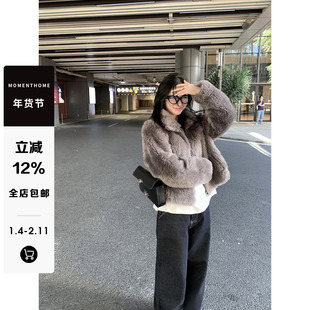 MOMENTHOME 烟灰色100羊毛毛绒绒皮毛一体拉链式外套保暖