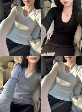 MOMENTHOME高雅经典版三色U领毛衣1OO羊毛修身显瘦针织打底毛衣女