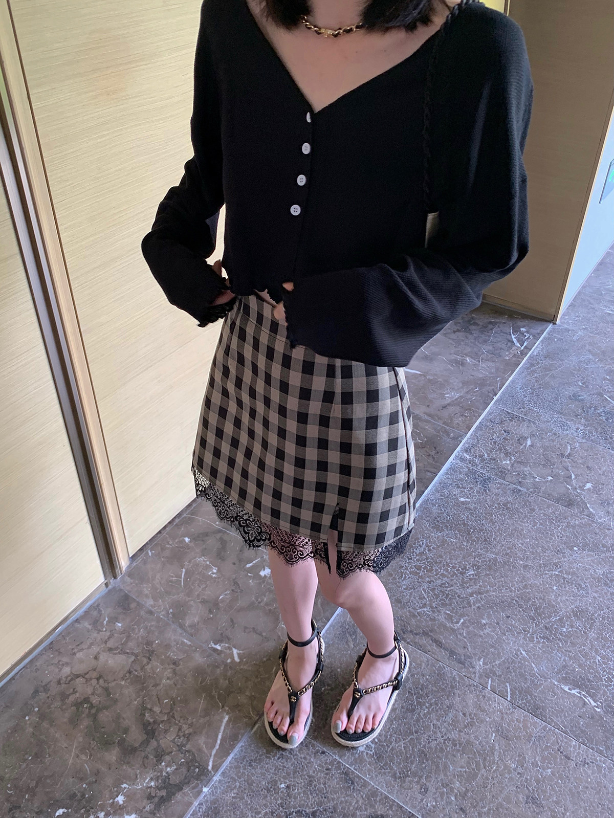 MOMENTHOME【特惠】设计拼接蕾丝格纹短裙甜美格子半身裙女图片