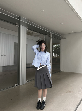 MOMENTHOME韩式百搭知识分子缪系棉感高智蓝条纹长袖衬衫女