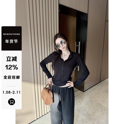 MOMENTHOME  山羊绒糯叽叽打底长袖休闲风纽扣套头针织上衣T女春