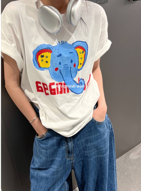 *捡漏专柜*撤回剪标卡通大象印花T恤女夏纯棉宽松慵懒上衣