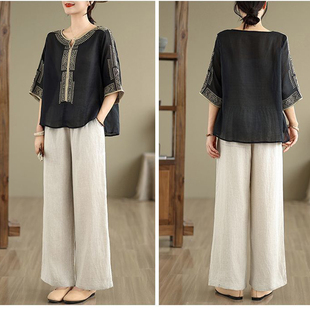 两件套 民族风棉麻复古刺绣V领短袖 T恤女夏季 薄款 高腰宽松阔腿裤
