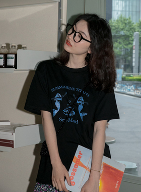 外贸尾单女装意大利剪标余单美人鱼印花短袖T恤女夏纯棉宽松上衣