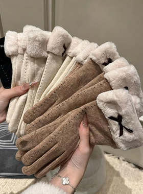 冬季韩版加绒分指手套女保暖防寒可触屏毛绒保暖骑行开车时尚简约