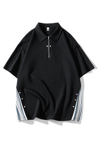 落肩宽松短袖POLO衫男得物白底港风T恤情侣中性日系男女K11-P45,蓝色亚麻小西装搭配图片