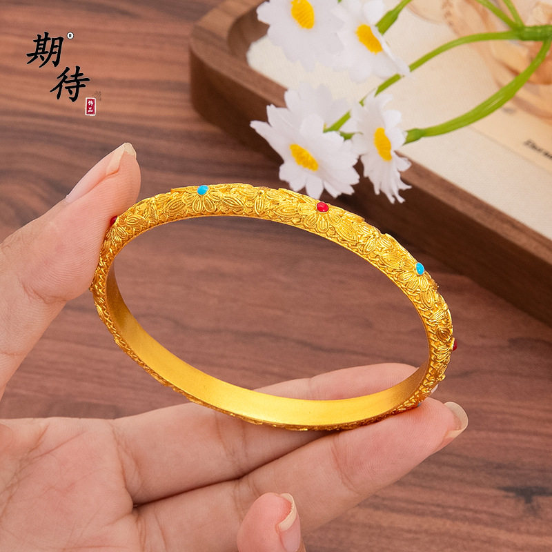 宫廷复古铜镀金珐琅彩花丝手镯