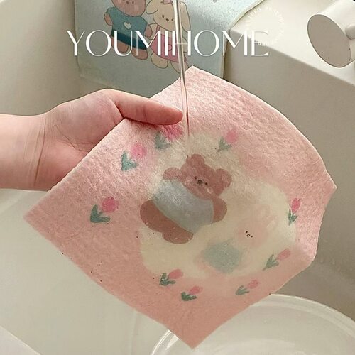 小熊洗碗布不沾油厨房抹布可爱卡通兔子洗碗海绵木浆棉百洁布