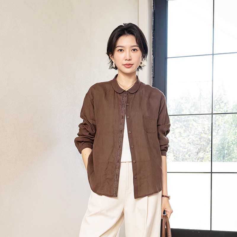 YUN韫春季苎麻蕾丝拼接女衬衫