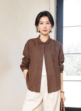 YUN韫2026春季新品女装翻领门襟蕾丝拼接设计感苎麻长袖衬衫