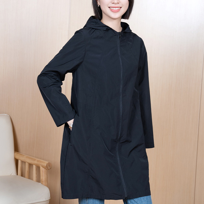 YUN2025春季新款女装连帽纯色百搭显瘦拉链中长款风衣外套5176