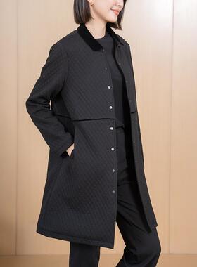 YUN2025冬季气质女装丝绒领提花料单排扣菱格显瘦中长款棉外套