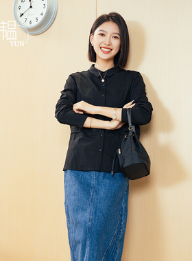 YUN韫2025秋季福利显瘦女通勤单排扣翻领针织长袖T恤上衣休闲衬衫