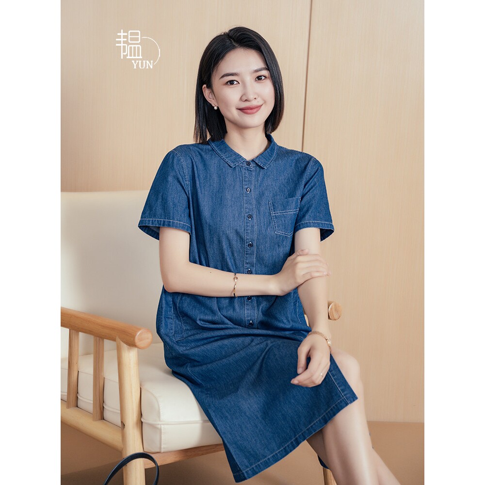 YUN韫夏季宽松短袖牛仔连衣裙