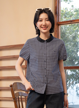 YUN2025夏季新品女装欧根纱翻领休闲高支水洗棉格子短袖衬衫5696