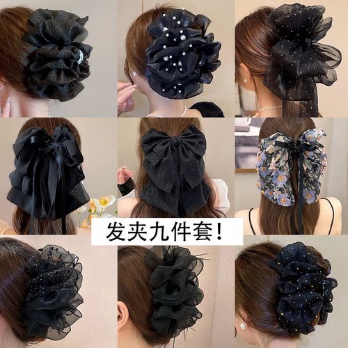 黑色网纱蝴蝶结抓夹鲨鱼夹大号