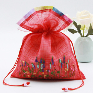 韩版刺绣绣花小布袋喜糖喜果袋礼品袋抽绳束口大红色透气布袋子