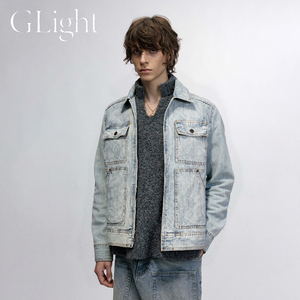 G Light美式复古kanye风YE水洗做旧多口袋拉链短款牛仔外套夹克