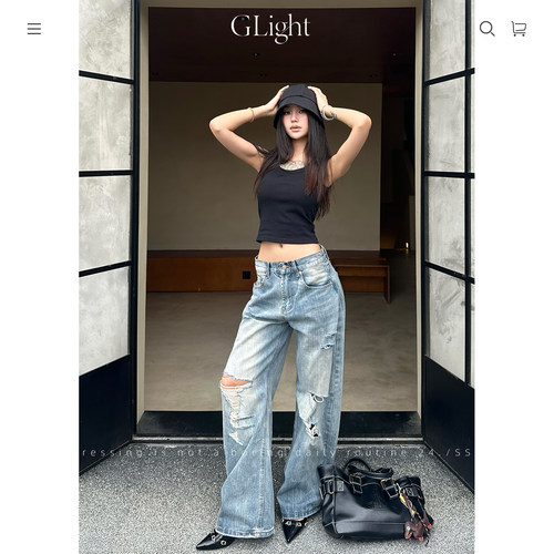 GLight宽松直筒弯刀破洞牛仔裤