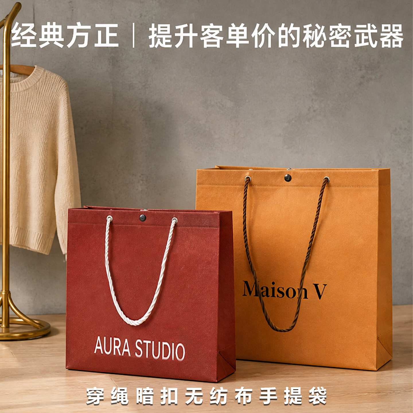 批发定做服装店无纺布包装袋定制印刷logo手提袋穿绳带暗扣购物袋
