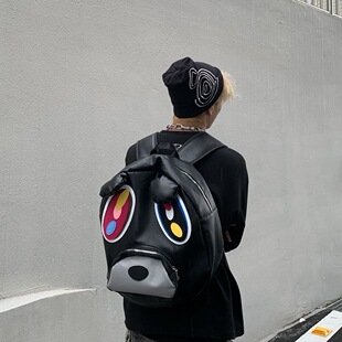 防水包趣味恶搞可爱辍学熊黑PU皮双肩包大容量书包情侣款卡通背包