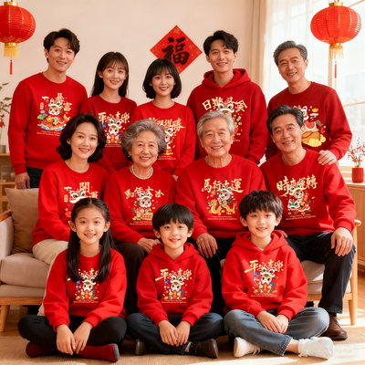 红色马年过年一家三口DIY定制