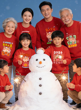 马年红色圆领卫衣全家亲子装定制印logo新年本命年全家福戴帽款