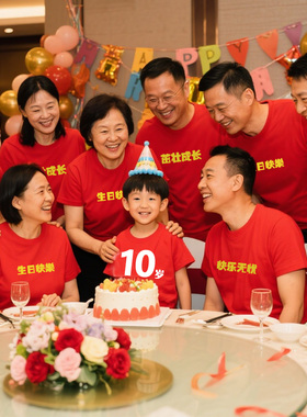 十周岁孩子宝过生日派对红色纯棉短袖T恤全家福拍照统一服装定制