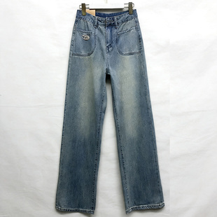 新款 牛仔裤 女装 高腰百搭洗水磨白做旧直筒裤 时尚 春秋季