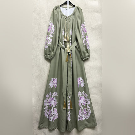 外贸原单175-180高个子宫廷风女装长袖圆领长款暗扣印花连衣裙