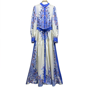 外贸原单170高个子新款时尚女装长袖百搭单排扣宽松印花连衣裙