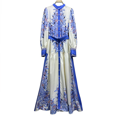 长袖百搭单排扣宽松印花连衣裙