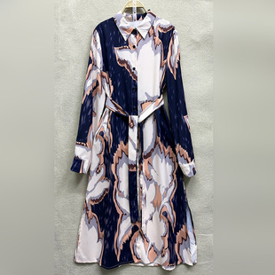 女装 印花衬衫 时尚 翻领宽松百搭单排扣中长款 裙 长袖 2025新款