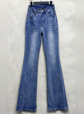 外贸原单170-175高个子女装新款时尚磨白百搭高腰微喇叭牛仔裤