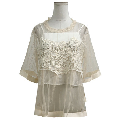 2025夏季新款女装百搭蕾丝网纱镂空圆领上衣+吊带背心上衣两件套