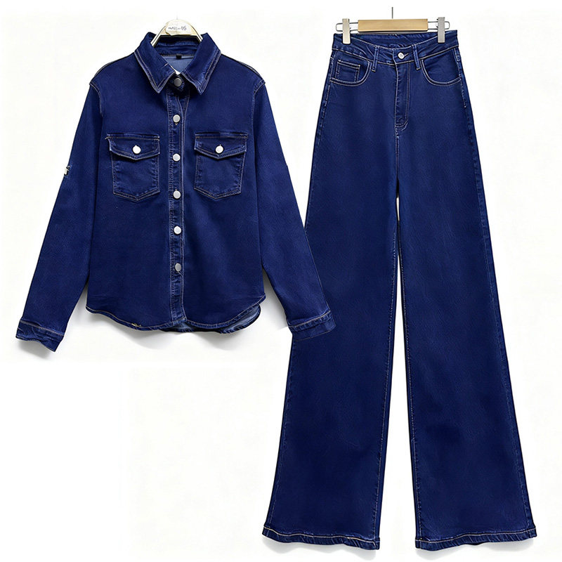 牛仔上衣+高腰阔腿牛仔裤两件套