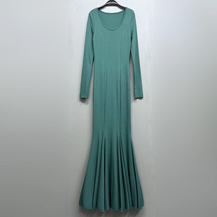 外贸原单170高个子新款女装夏季圆领显瘦长袖针织长款鱼尾连衣裙
