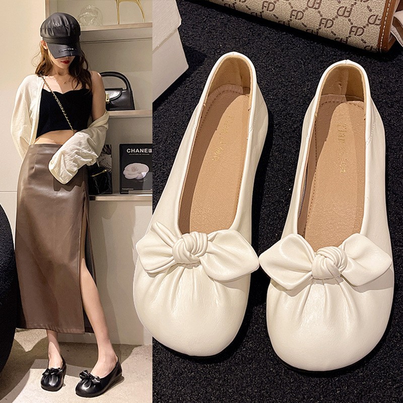 进口温柔软底女平底百搭蝴蝶结软底女浅口一脚蹬豆豆鞋通勤不累脚