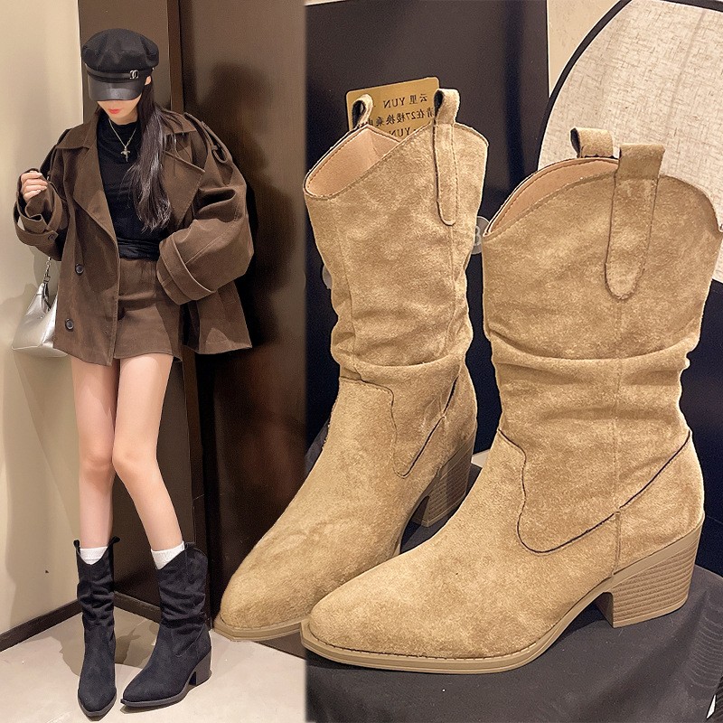 进口内增高马丁靴女2025秋冬季绒面复古V口高跟小个子尖头堆堆小