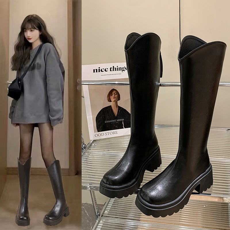 进口马丁靴女秋冬新款厚底后拉链显高显瘦增高小个子V口长筒靴高