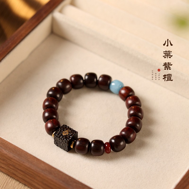 进口黑檀嵌黄铜祥云锤纹方珠紫檀手串男女同款檀木桶珠单圈文玩手
