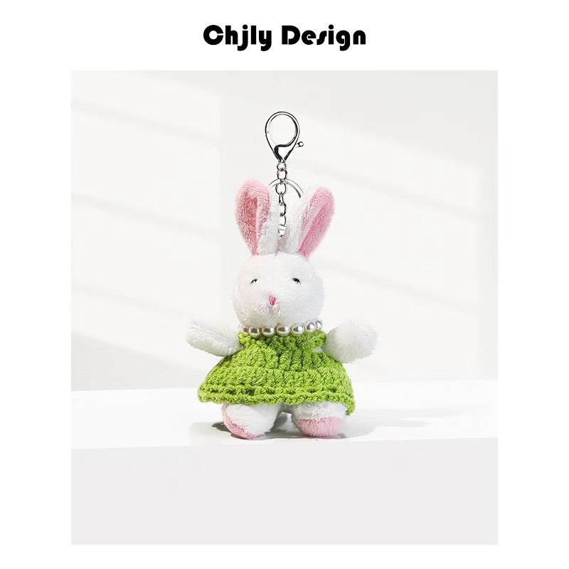 德国进口韩国东大门手工毛衣珍珠链毛绒小兔钥匙扣挂件可爱包包挂