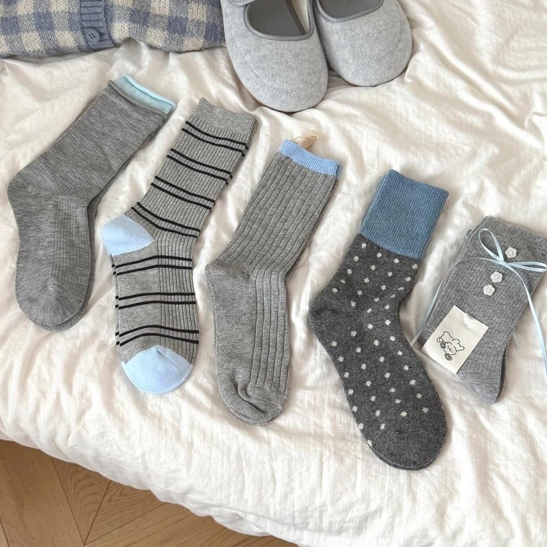 德国进口韩版ins博主简约百搭灰蓝色系秋冬中筒袜堆堆袜拼色卷边