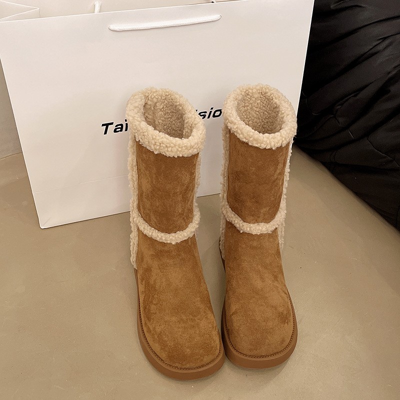 进口2025年秋冬季新款厚底绒面中筒靴羊羔绒毛毛面包棉鞋两穿雪地