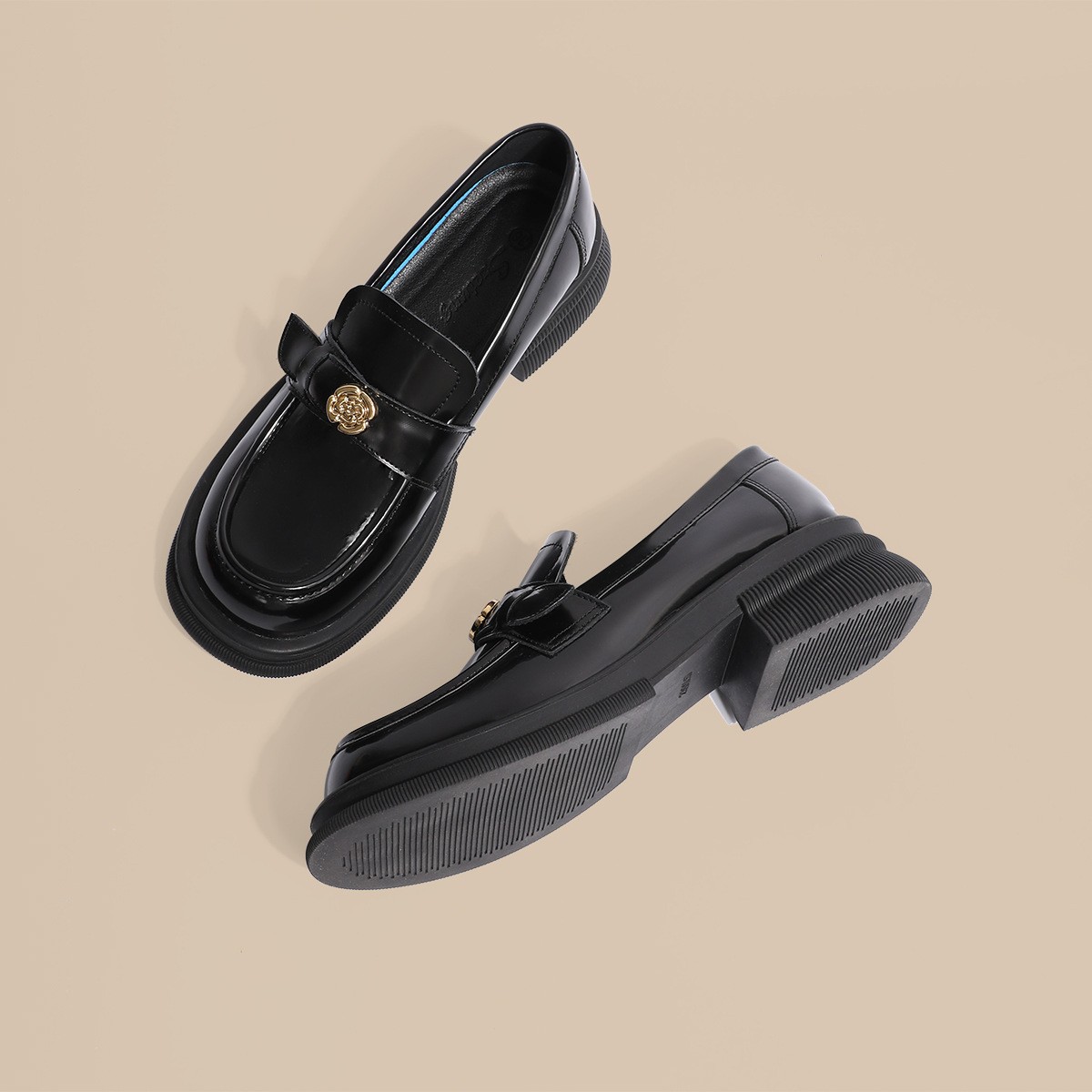 进口289-2山茶花之恋~小金币扣厚底乐福鞋黑色单鞋小皮鞋女英伦风