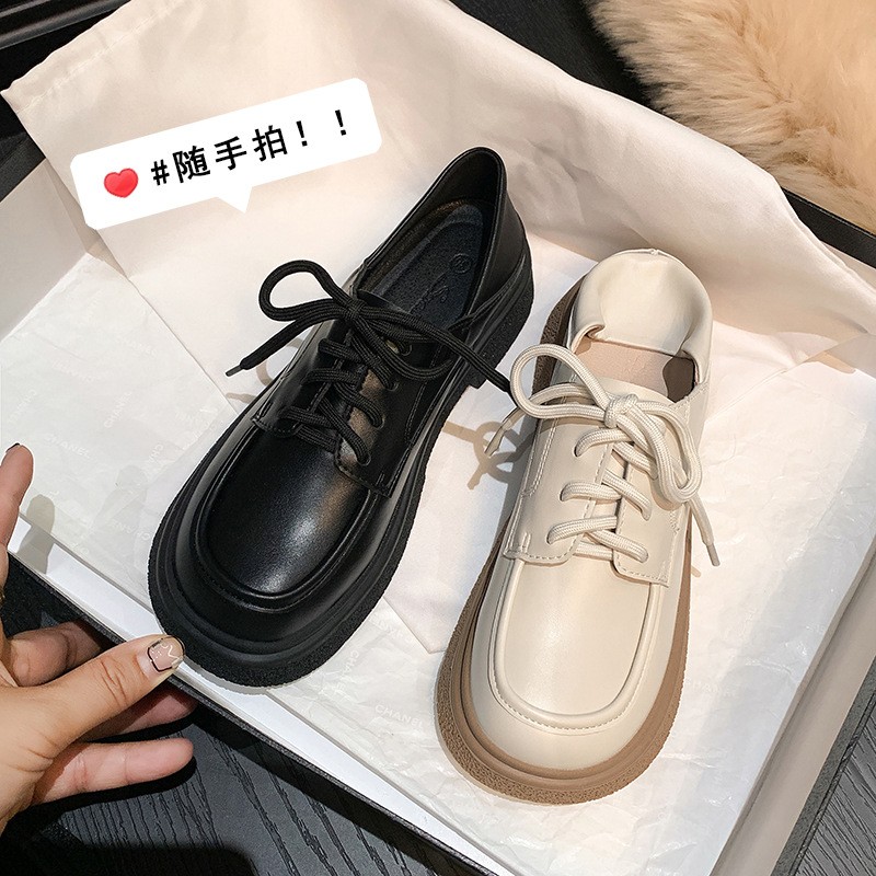 进口808-1~黑色英伦风小皮鞋2025新款秋冬圆头系带休闲鞋软皮百搭