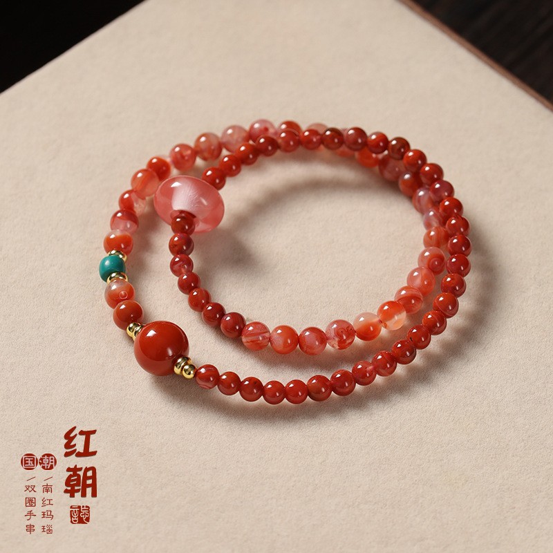 进口南红玛瑙双圈手串女生冰飘南红叠戴手链新中式国潮礼物货源款