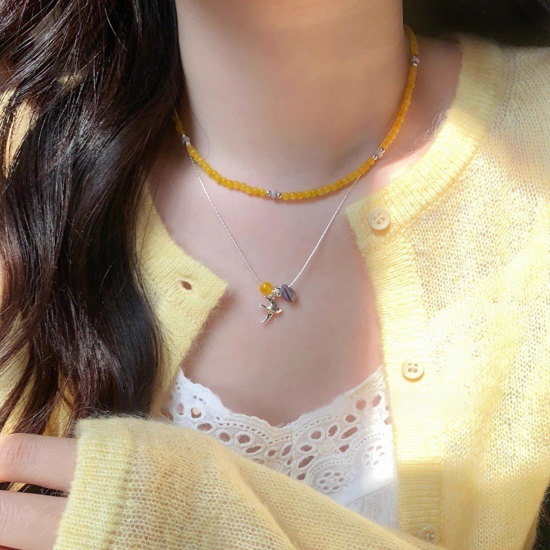 进口「春光景」清新黄串珠百搭项链飞燕叠戴锁骨链颈链ins风项链